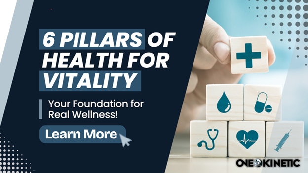 3D rendering of wooden health blocks stacked to represent One Kinetic’s 6 Pillars of Health: exercise, nutrition, sleep, stress management, sunlight, and spirit. A hand places the final block with a medical cross icon, symbolizing the foundation of holistic wellness. Visual reflects One Kinetic’s natural, science-based approach to personalized vitality care.